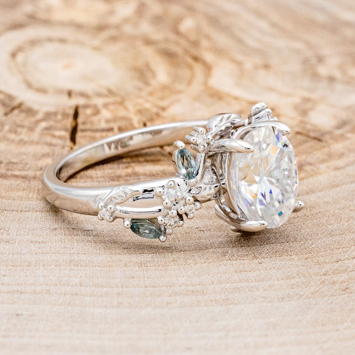 "PALLAS" - OVAL CUT MOISSANITE ENGAGEMENT RING WITH LEAF & GREEN TOURMALINE ACCENTS-Staghead Designs
