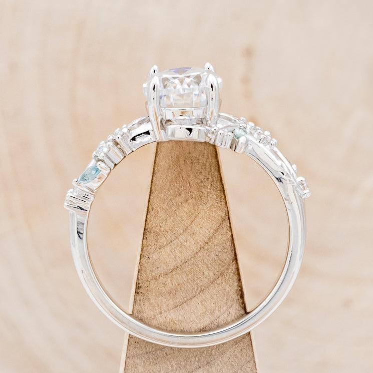 "PALLAS" - OVAL CUT MOISSANITE ENGAGEMENT RING WITH LEAF & GREEN TOURMALINE ACCENTS-Staghead Designs