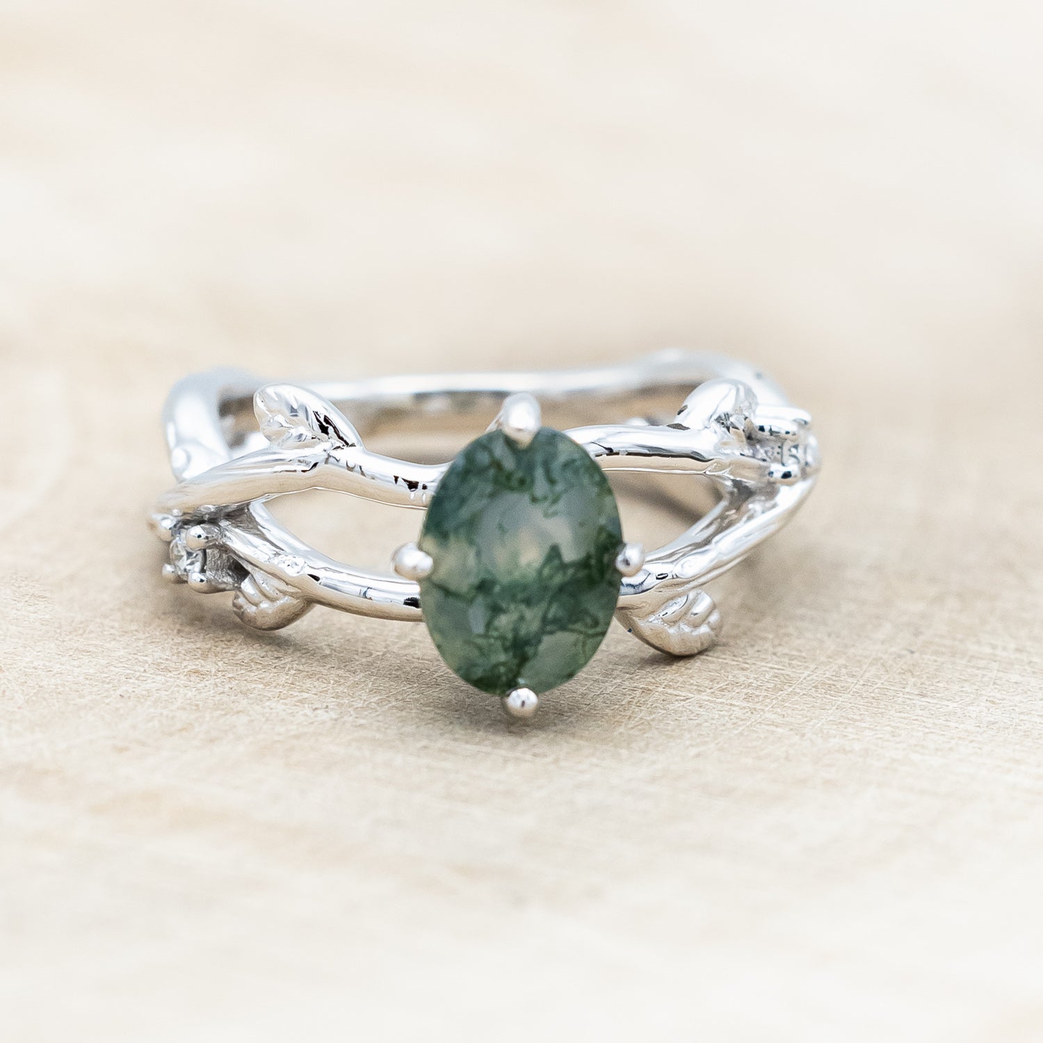 "ARTEMIS ON THE VINE" - OVAL CUT MOSS AGATE ENGAGEMENT RING WITH DIAMOND ACCENTS & A BRANCH-STYLE BAND-Staghead Designs