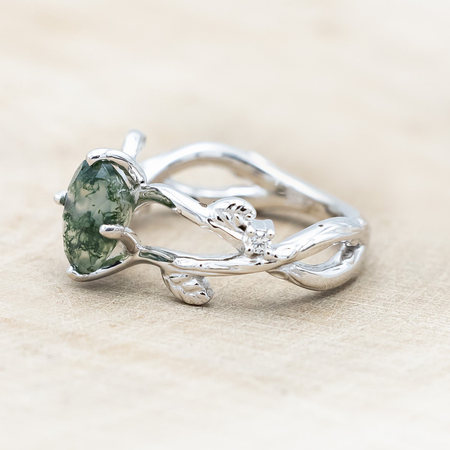"ARTEMIS ON THE VINE" - OVAL CUT MOSS AGATE ENGAGEMENT RING WITH DIAMOND ACCENTS & A BRANCH-STYLE BAND-Staghead Designs