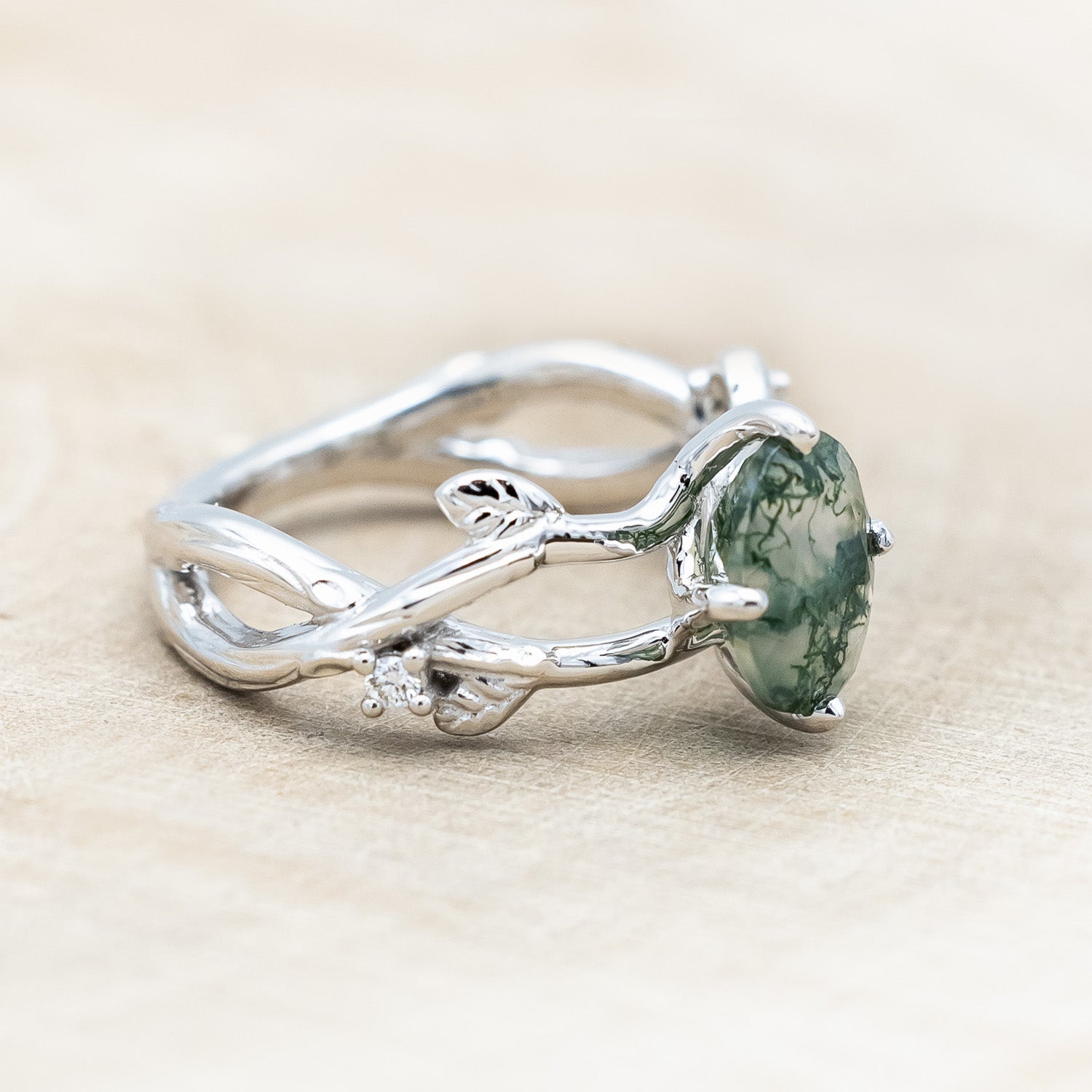 "ARTEMIS ON THE VINE" - OVAL CUT MOSS AGATE ENGAGEMENT RING WITH DIAMOND ACCENTS & A BRANCH-STYLE BAND-Staghead Designs