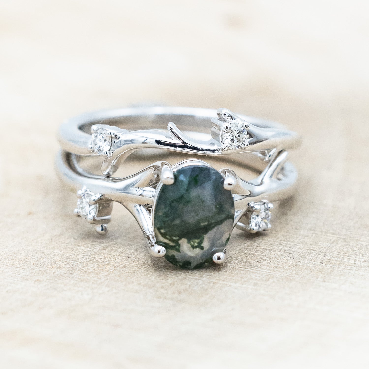 "ARTEMIS" - OVAL CUT MOSS AGATE ENGAGEMENT RING WITH DIAMOND ACCENTS & STACKING BAND-Staghead Designs