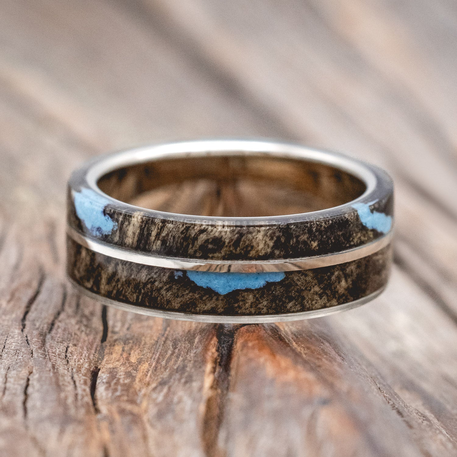 "GOLDEN" - BUCKEYE BURL WOOD & TURQUOISE INLAYS WEDDING BAND-Staghead Designs