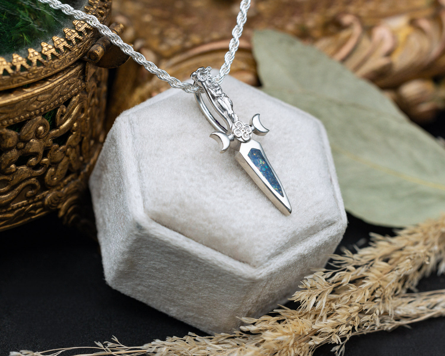 Silver Goddess Dagger Pendant with Crushed Blue Opal and Lapis Lazuli Mix