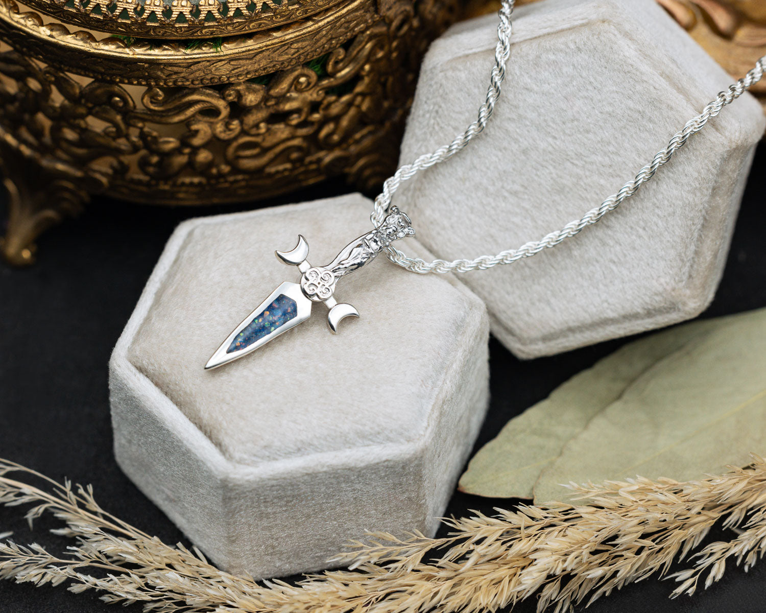 Silver Goddess Dagger Pendant with Crushed Blue Opal and Lapis Lazuli Mix