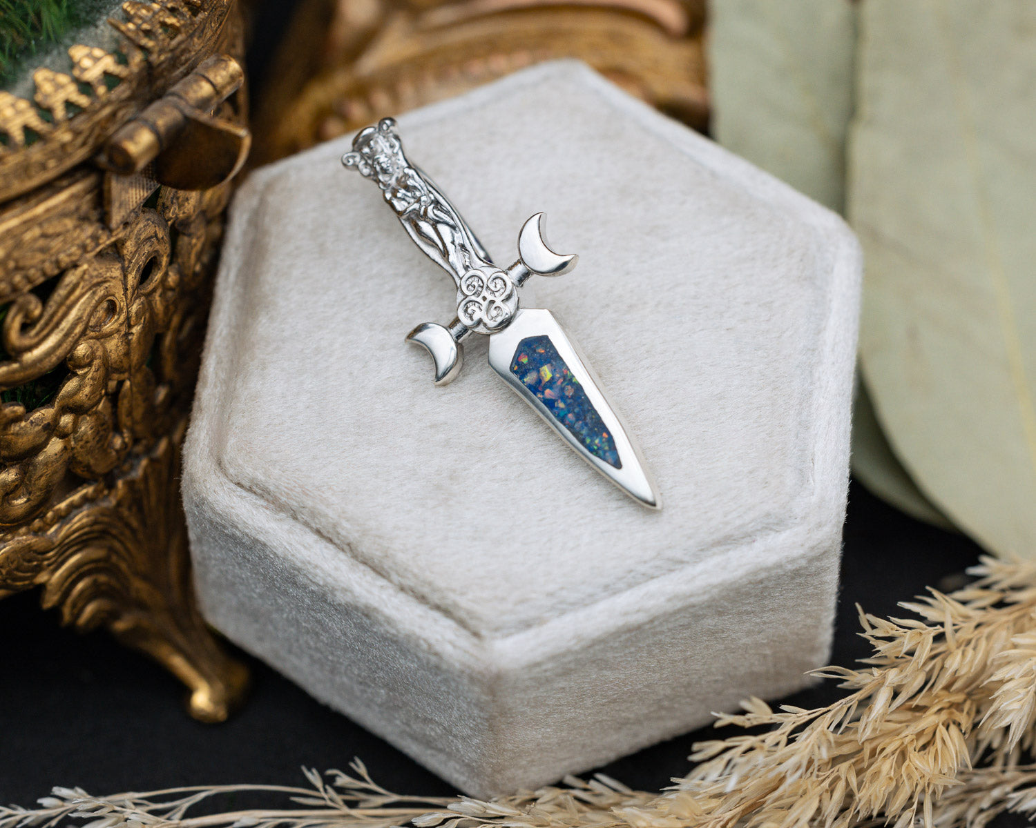 Silver Goddess Dagger Pendant with Crushed Blue Opal and Lapis Lazuli Mix
