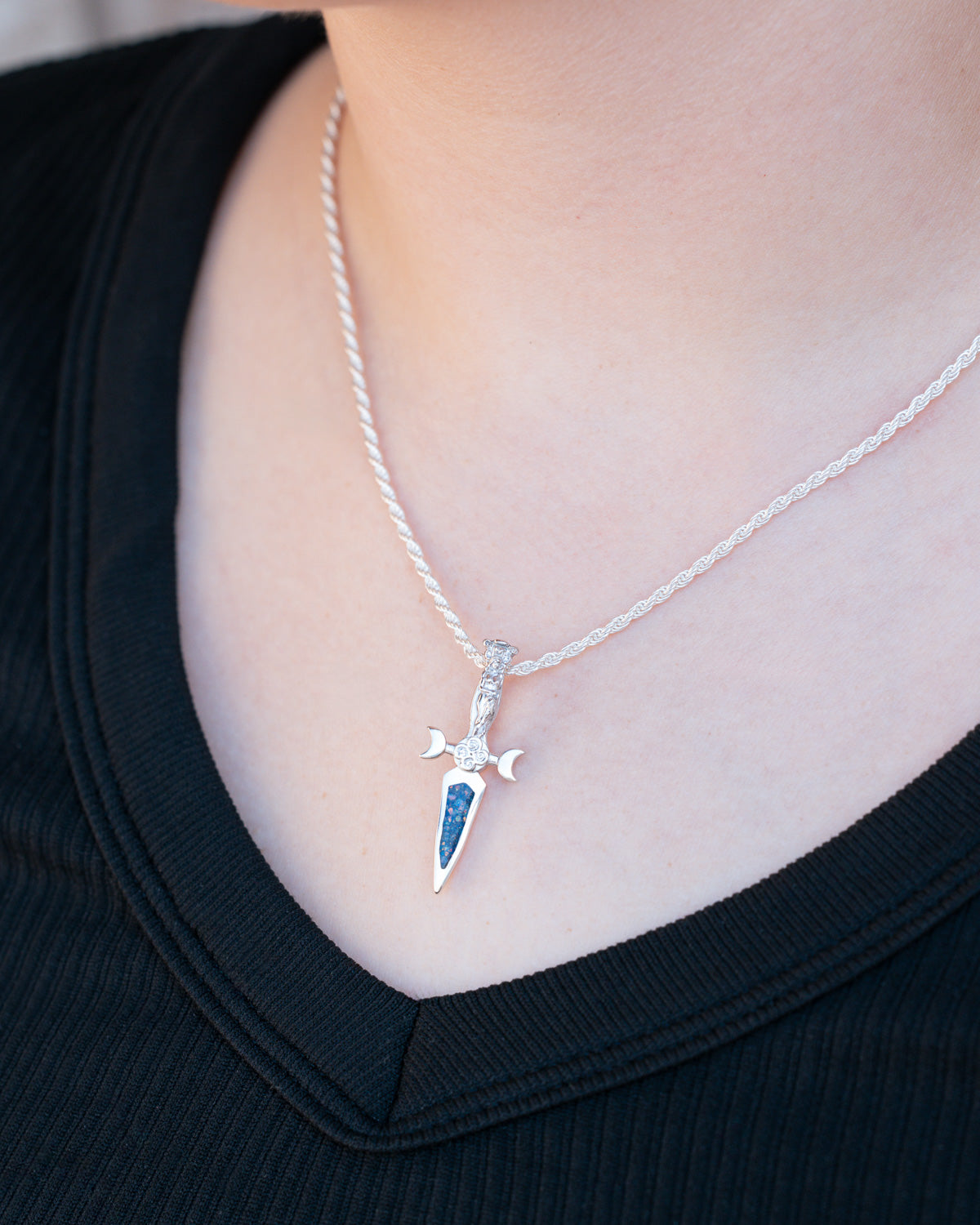 On neck photo of Silver Goddess Dagger Pendant with Crushed Blue Opal and Lapis Lazuli Mix