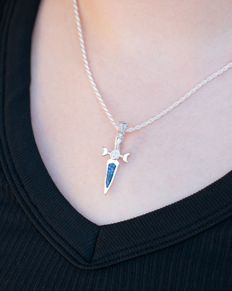 On neck photo of Silver Goddess Dagger Pendant with Crushed Blue Opal and Lapis Lazuli Mix