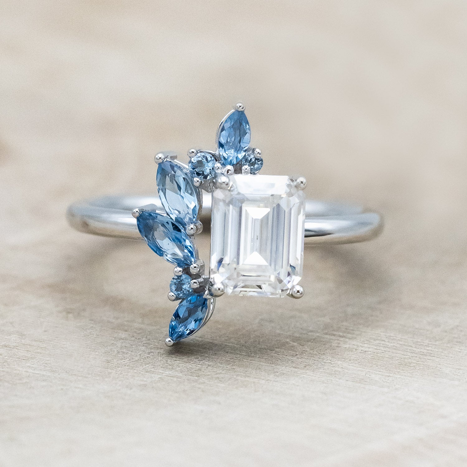 "ISABELLA" - EMERALD CUT MOISSANITE ENGAGEMENT RING WITH AQUAMARINE ACCENTS-Staghead Designs