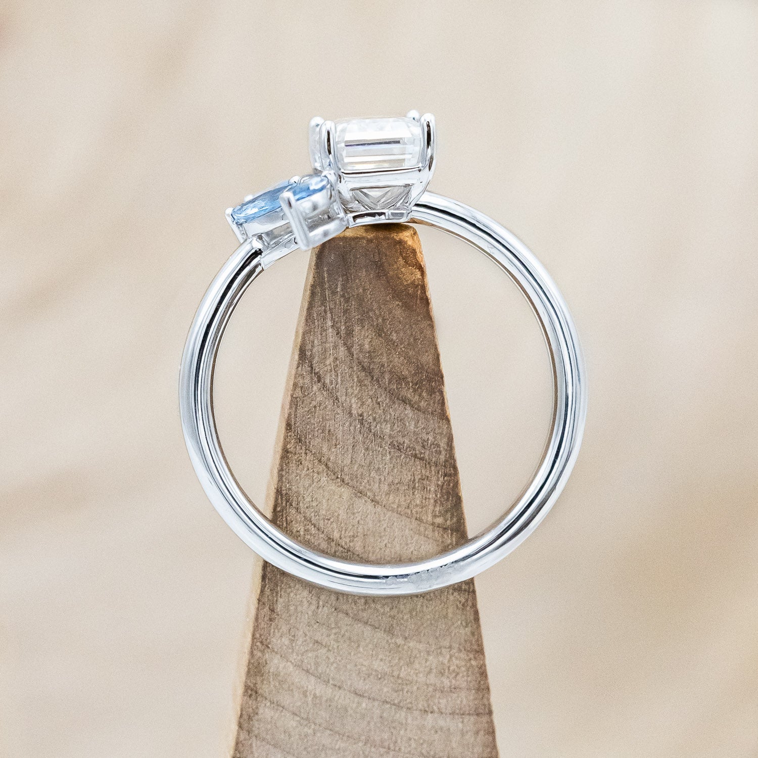 "ISABELLA" - EMERALD CUT MOISSANITE ENGAGEMENT RING WITH AQUAMARINE ACCENTS-Staghead Designs