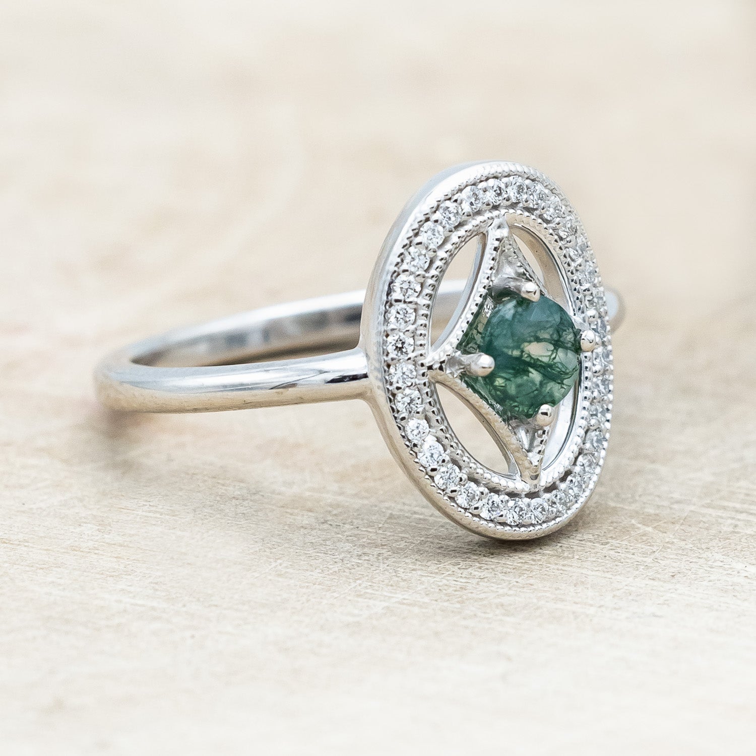 "LEVINA" - ROUND CUT MOSS AGATE ENGAGEMENT RING WITH DIAMOND HALO-Staghead Designs