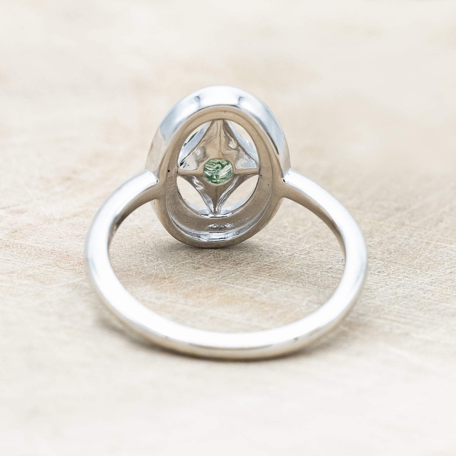 "LEVINA" - ROUND CUT MOSS AGATE ENGAGEMENT RING WITH DIAMOND HALO-Staghead Designs