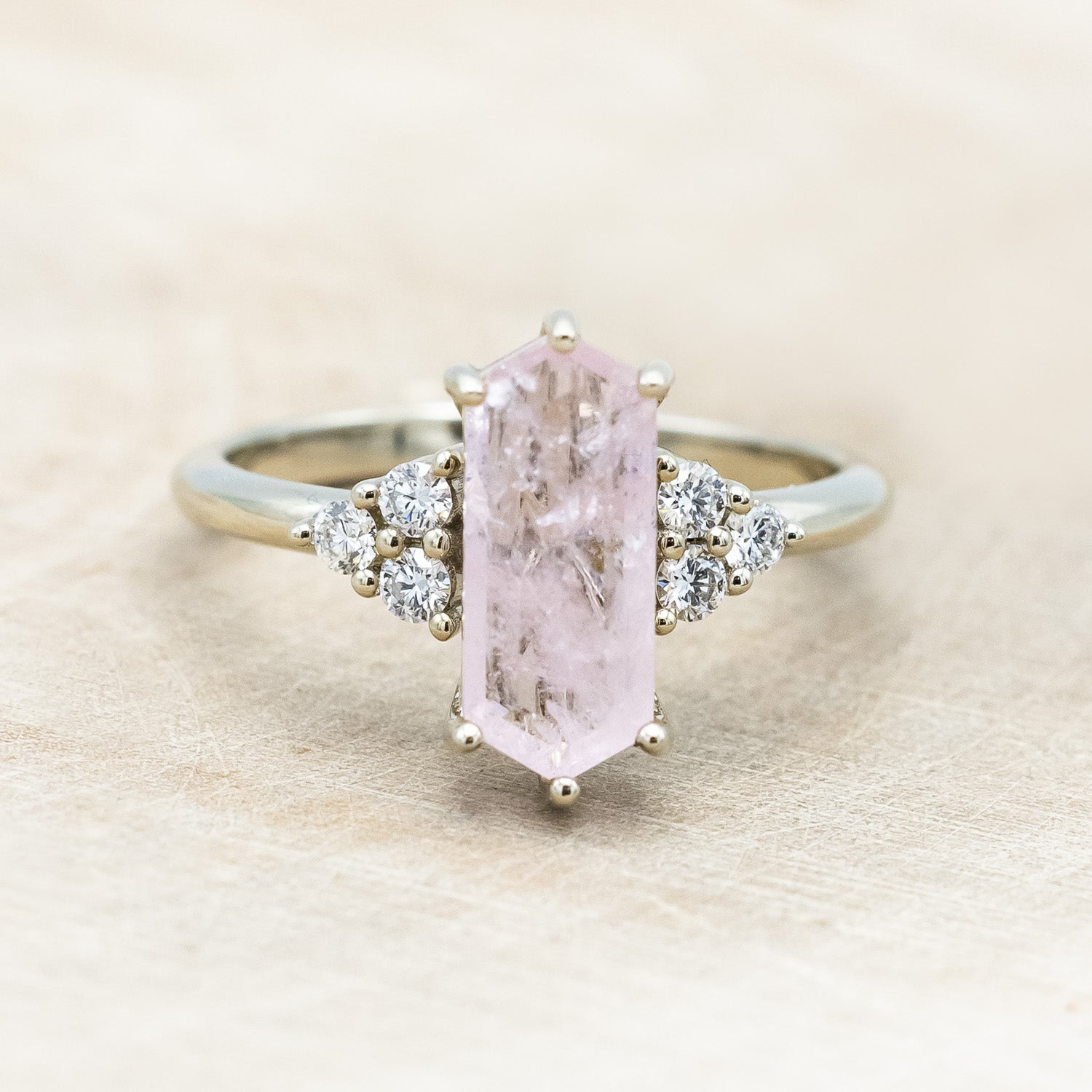 ONE-OF-A-KIND - "OCTAVIA" - ELONGATED HEXAGON CUT MORGANITE ENGAGEMENT RING WITH DIAMOND ACCENTS-Staghead Designs