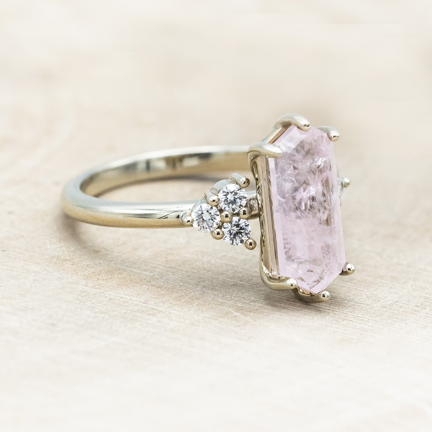 ONE-OF-A-KIND - "OCTAVIA" - ELONGATED HEXAGON CUT MORGANITE ENGAGEMENT RING WITH DIAMOND ACCENTS-Staghead Designs