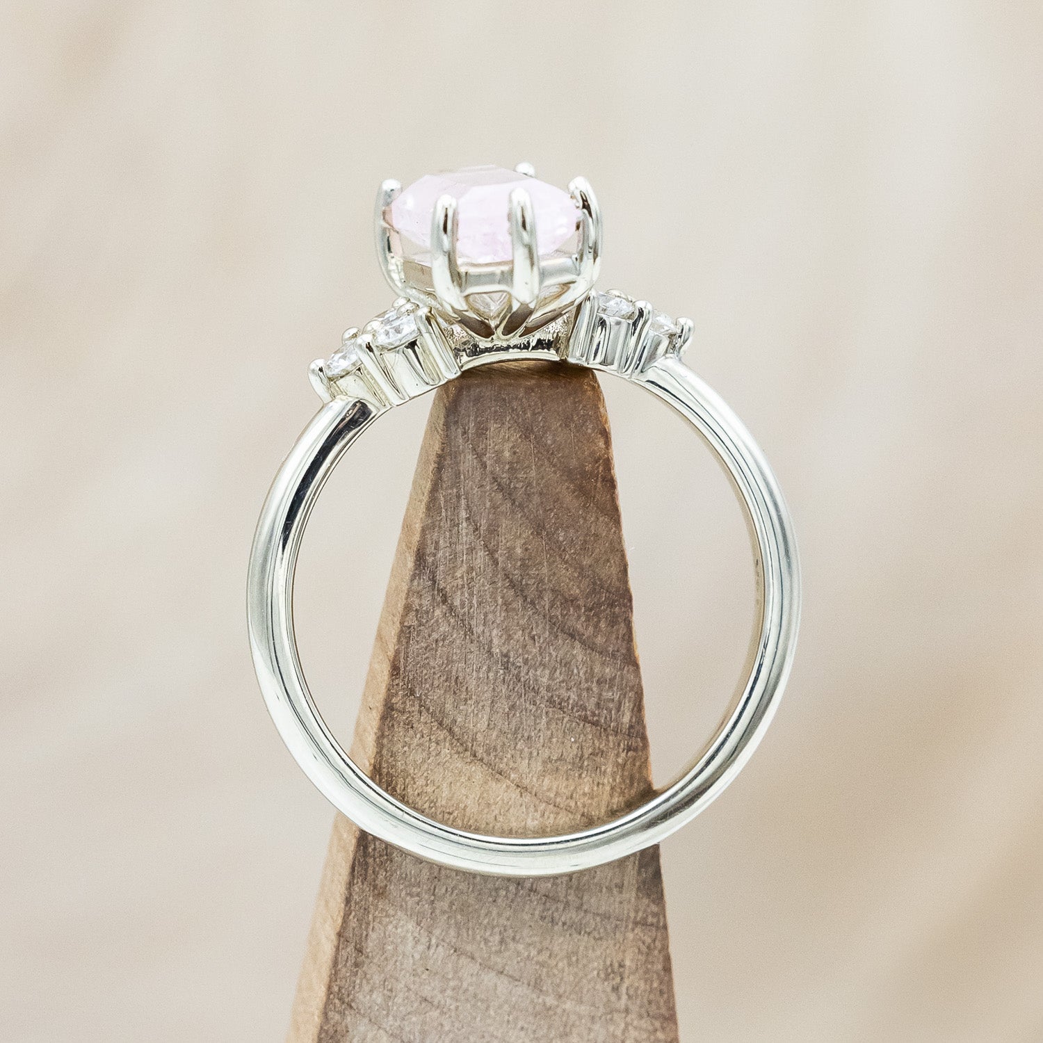 ONE-OF-A-KIND - "OCTAVIA" - ELONGATED HEXAGON CUT MORGANITE ENGAGEMENT RING WITH DIAMOND ACCENTS-Staghead Designs
