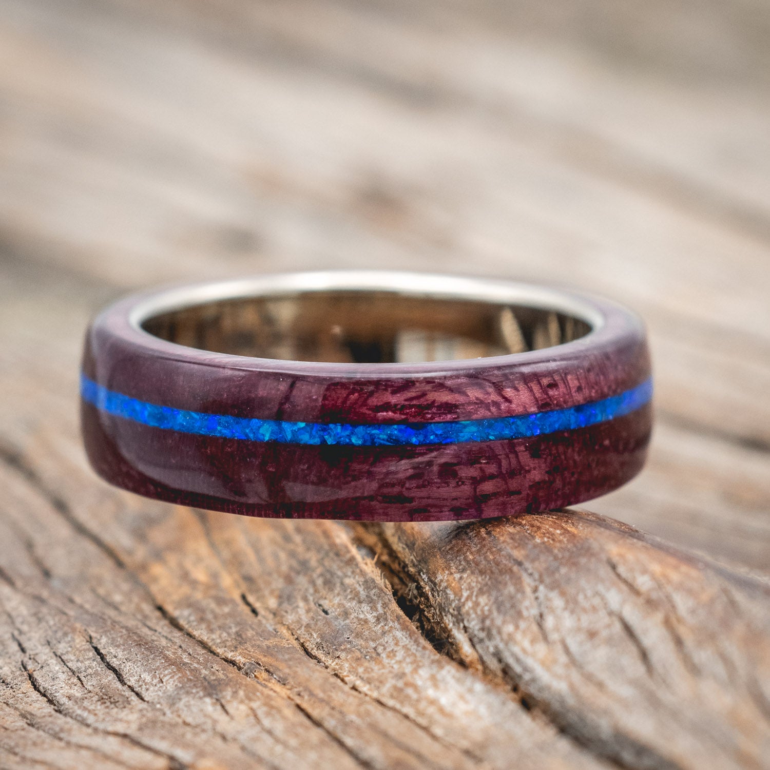 "REMMY" - PURPLE HEART WOOD WEDDING BAND WITH A BLUE OPAL INLAY-Staghead Designs