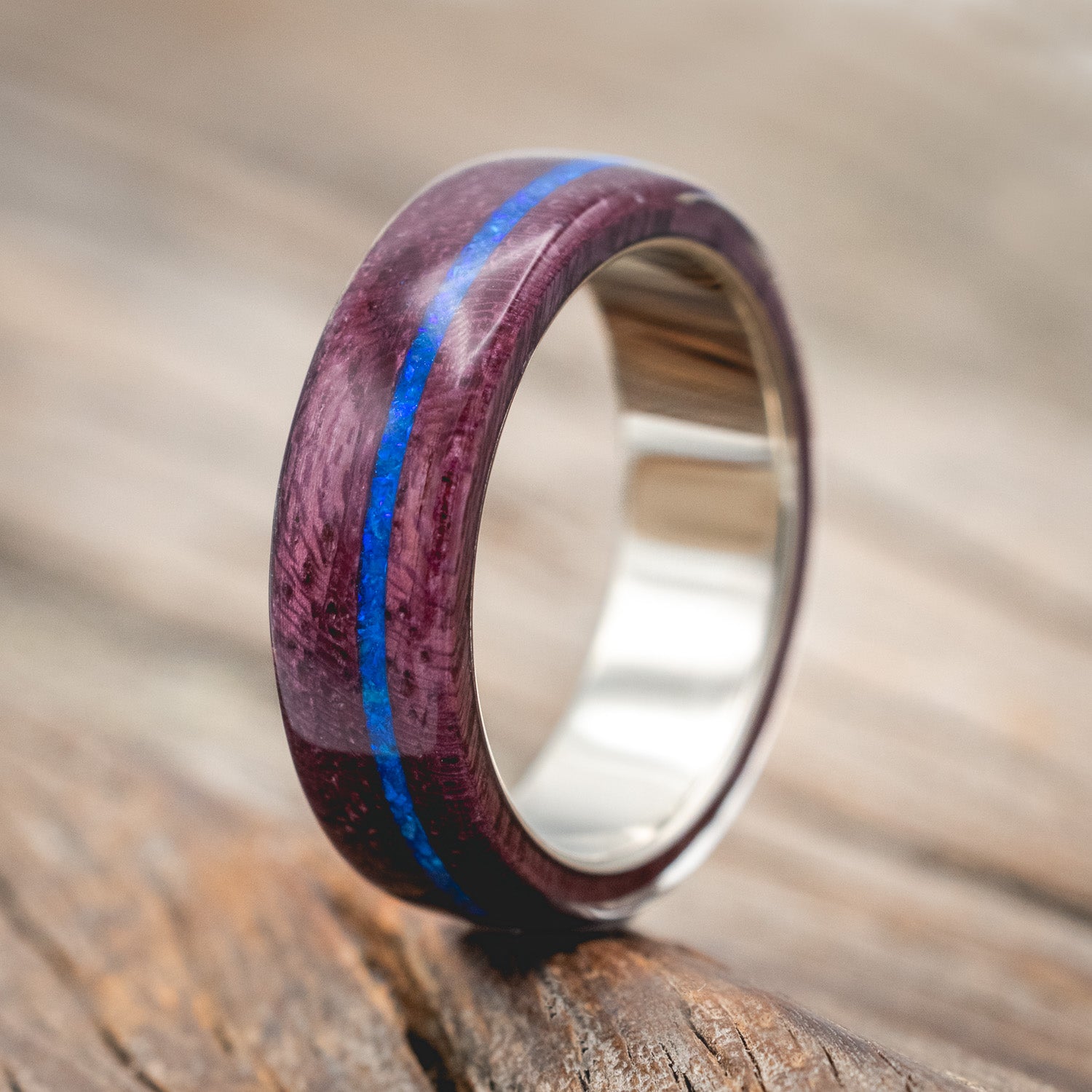"REMMY" - PURPLE HEART WOOD WEDDING BAND WITH A BLUE OPAL INLAY-Staghead Designs