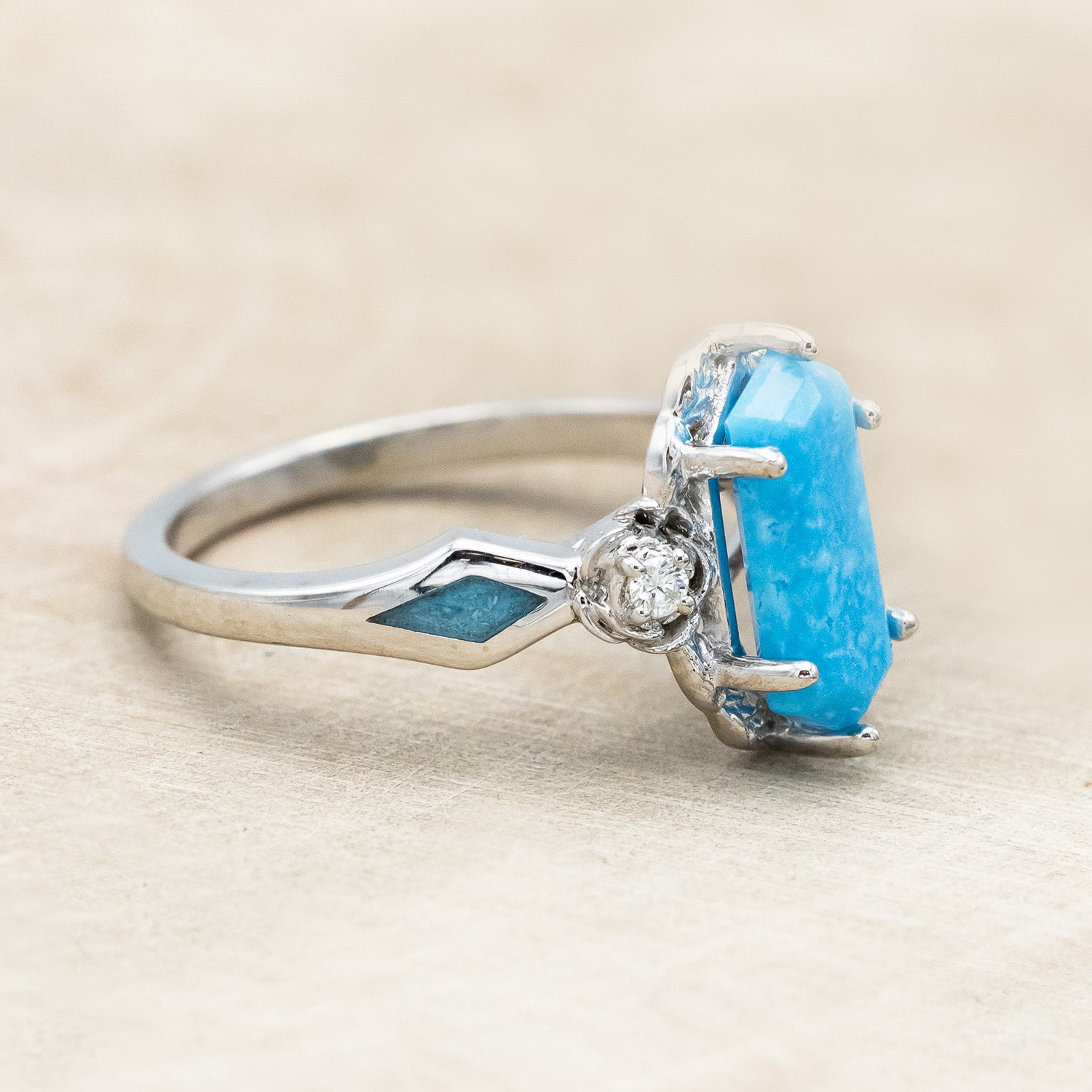 "ROSETTA" - ELONGATED HEXAGON CUT STABILIZED TURQUOISE ENGAGEMENT RING WITH DIAMOND ACCENTS & TURQUOISE INLAYS-Staghead Designs