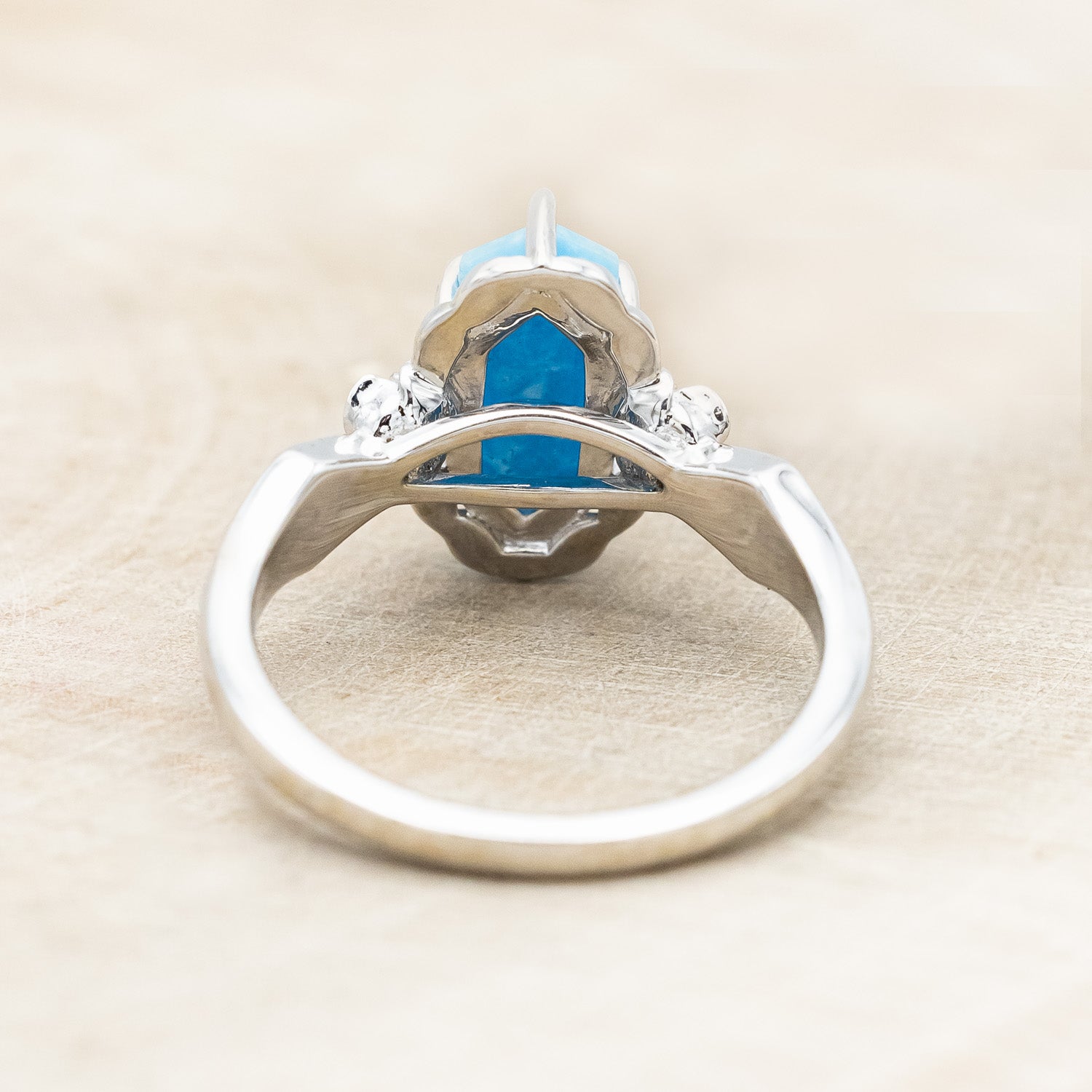 "ROSETTA" - ELONGATED HEXAGON CUT STABILIZED TURQUOISE ENGAGEMENT RING WITH DIAMOND ACCENTS & TURQUOISE INLAYS-Staghead Designs
