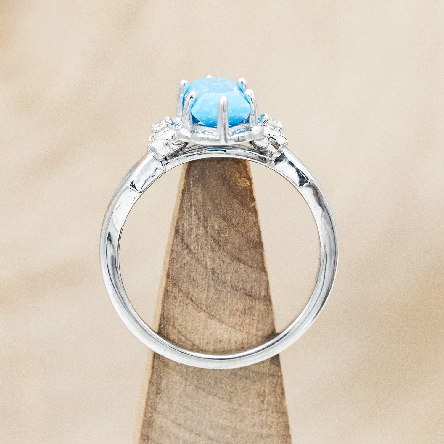"ROSETTA" - ELONGATED HEXAGON CUT STABILIZED TURQUOISE ENGAGEMENT RING WITH DIAMOND ACCENTS & TURQUOISE INLAYS-Staghead Designs