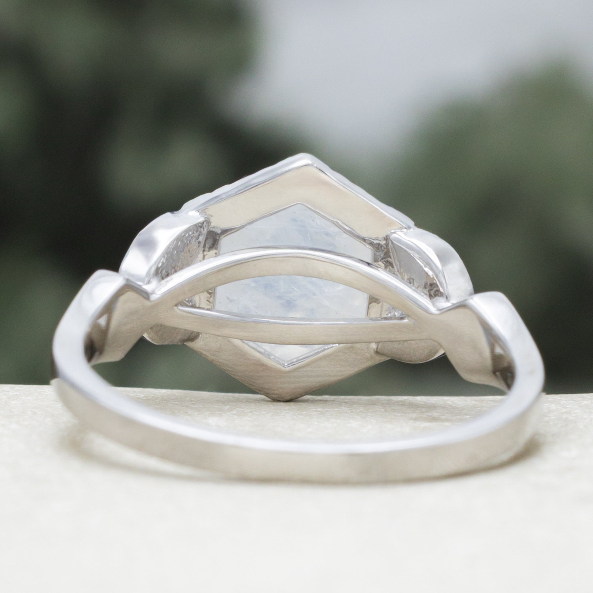 "Lucy In The Sky" - Faceted Hexagon Cut Moonstone Wedding Band With Diamond Halo, Custom Inlays & A Diamond Tracer-Staghead Designs