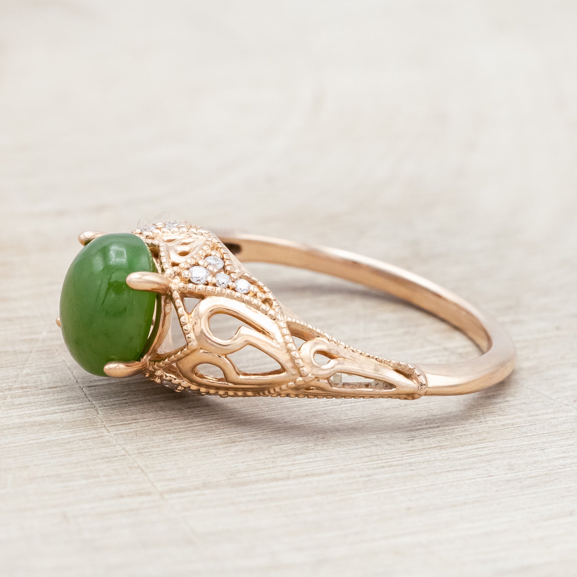 "RELICA" - OVAL CUT JADE ENGAGEMENT RING WITH DIAMOND ACCENTS - 14K ROSE GOLD - SIZE 7-Staghead Designs