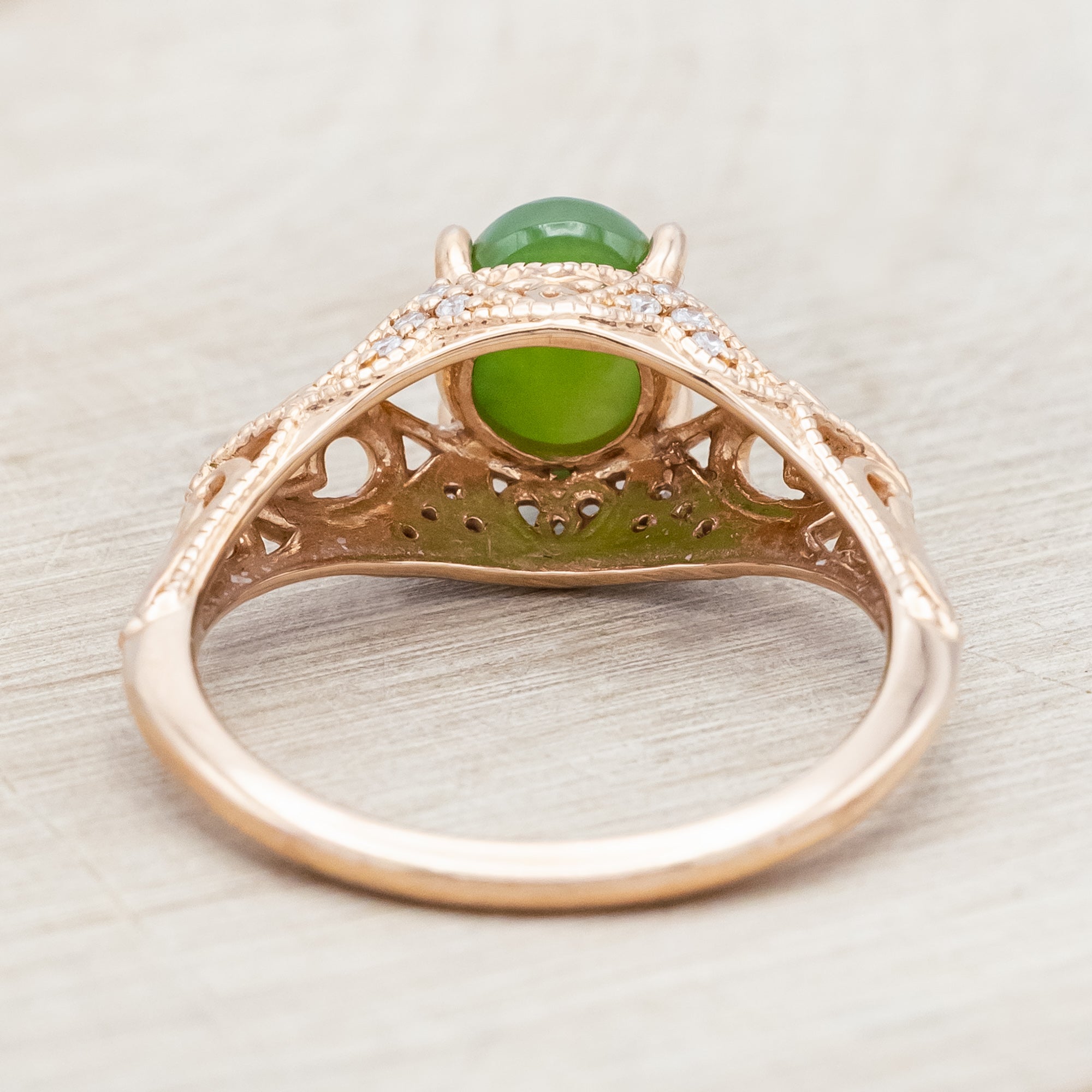 "RELICA" - OVAL CUT JADE ENGAGEMENT RING WITH DIAMOND ACCENTS - 14K ROSE GOLD - SIZE 7-Staghead Designs