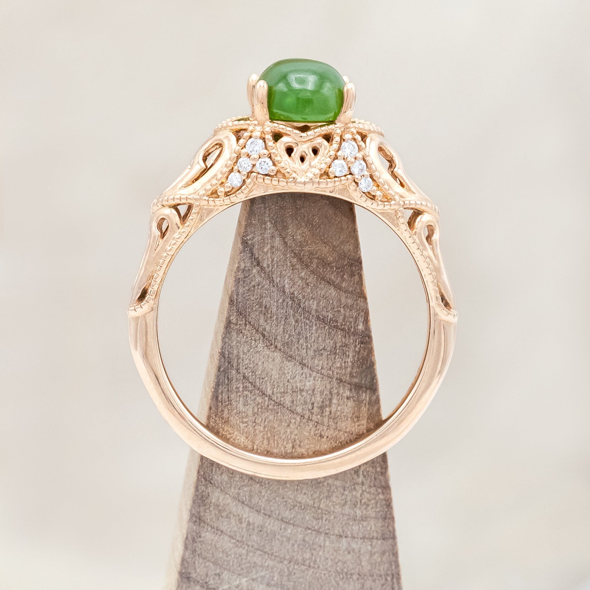 "RELICA" - OVAL CUT JADE ENGAGEMENT RING WITH DIAMOND ACCENTS - 14K ROSE GOLD - SIZE 7-Staghead Designs