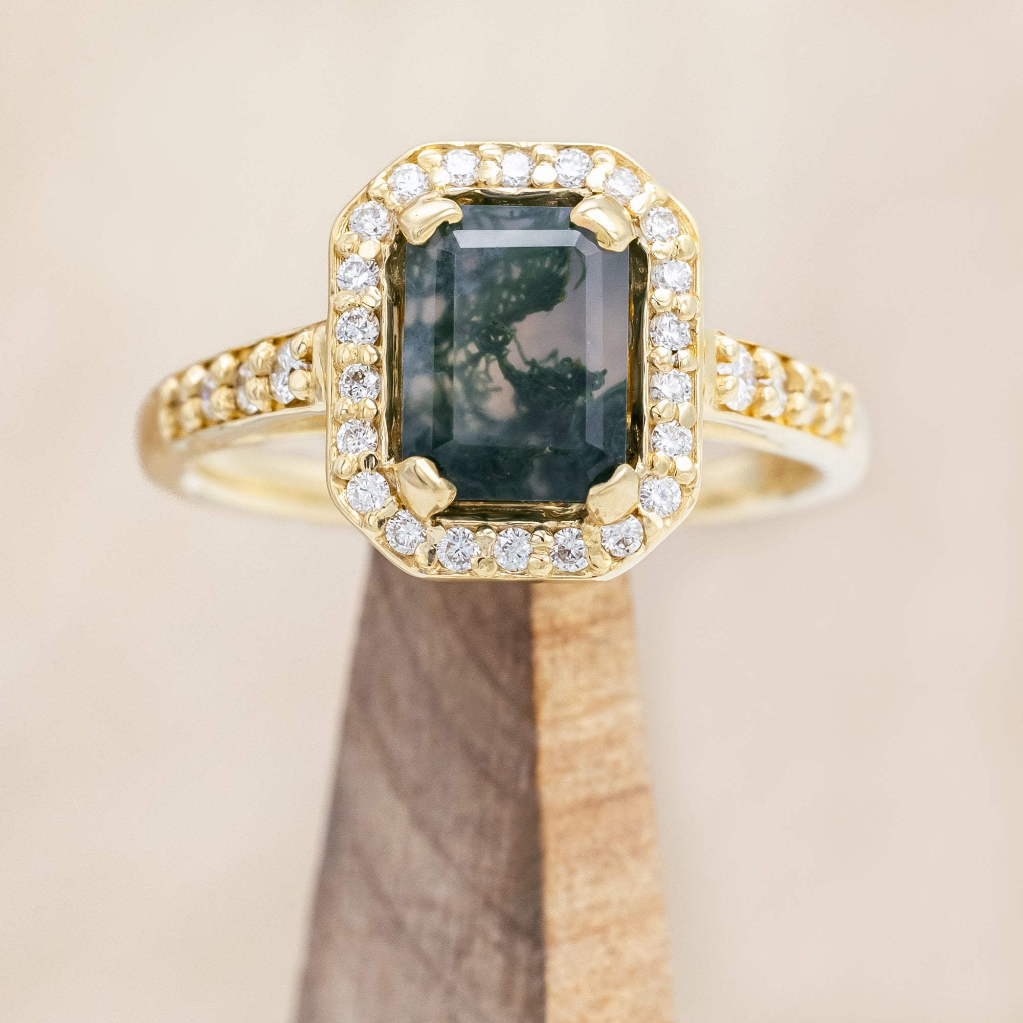 "KARLA" - EMERALD CUT ENGAGEMENT RING WITH DIAMOND HALO & ACCENTS-Staghead Designs