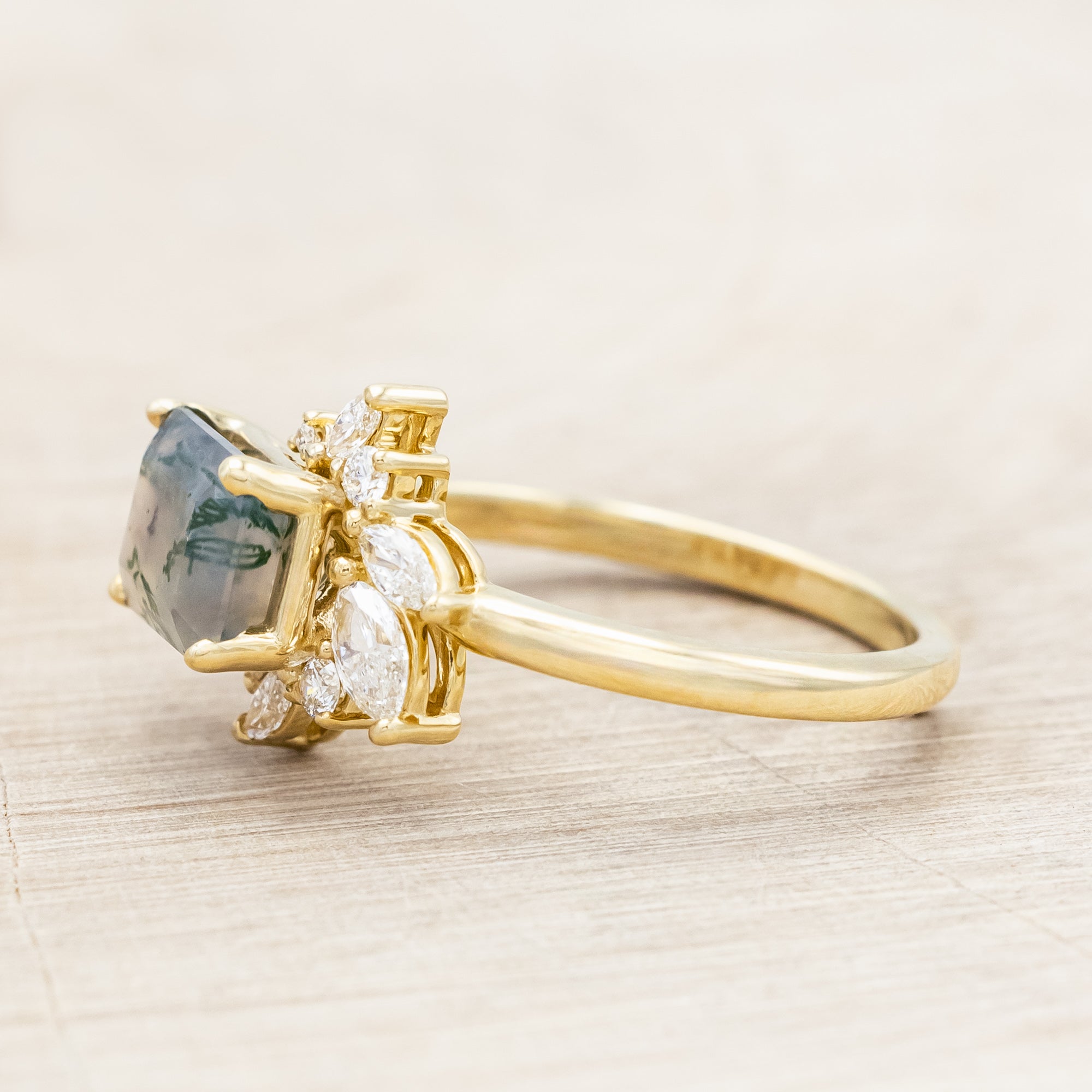 "AURAE" - EMERALD CUT MOSS AGATE ENGAGEMENT RING WITH DIAMOND ACCENTS-Staghead Designs