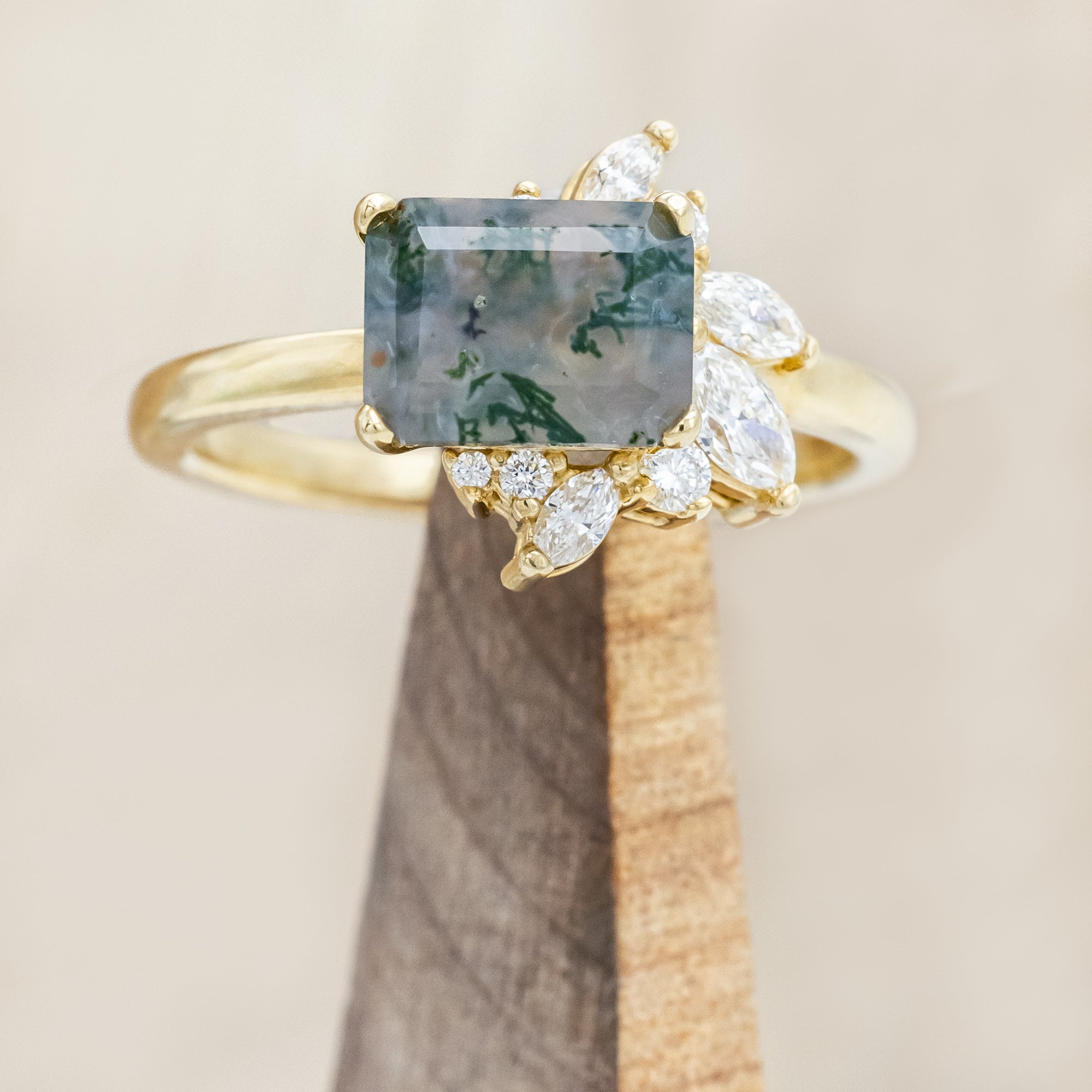 "AURAE" - EMERALD CUT MOSS AGATE ENGAGEMENT RING WITH DIAMOND ACCENTS-Staghead Designs