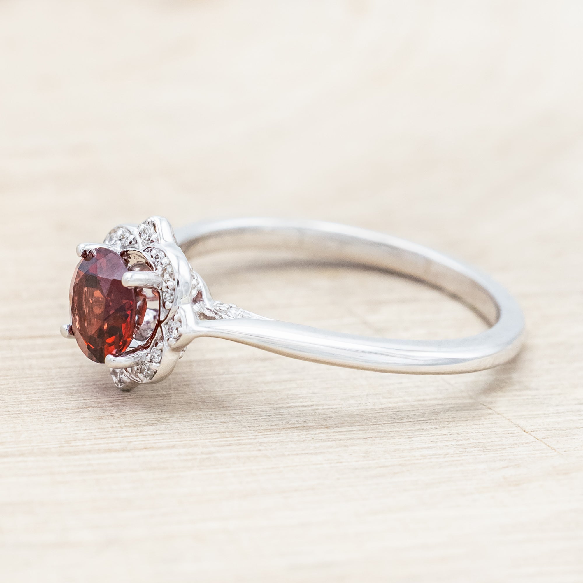 "JANE" - ROUND CUT MOZAMBIQUE GARNET ENGAGEMENT RING WITH DIAMOND ACCENTS - 14K WHITE GOLD - SIZE 7-Staghead Designs