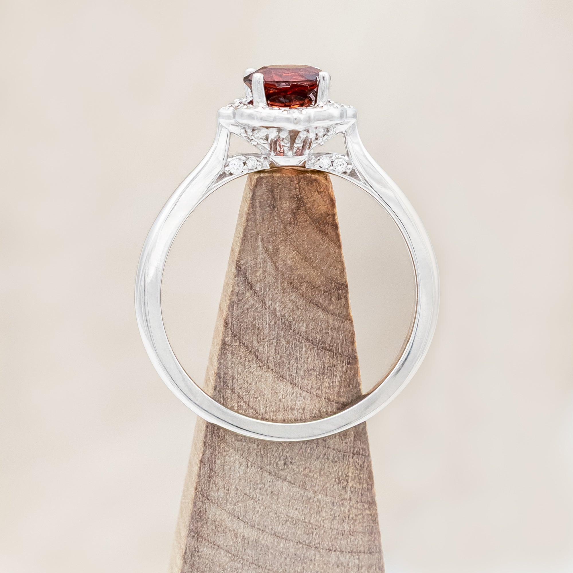 "JANE" - ROUND CUT MOZAMBIQUE GARNET ENGAGEMENT RING WITH DIAMOND ACCENTS - 14K WHITE GOLD - SIZE 7-Staghead Designs
