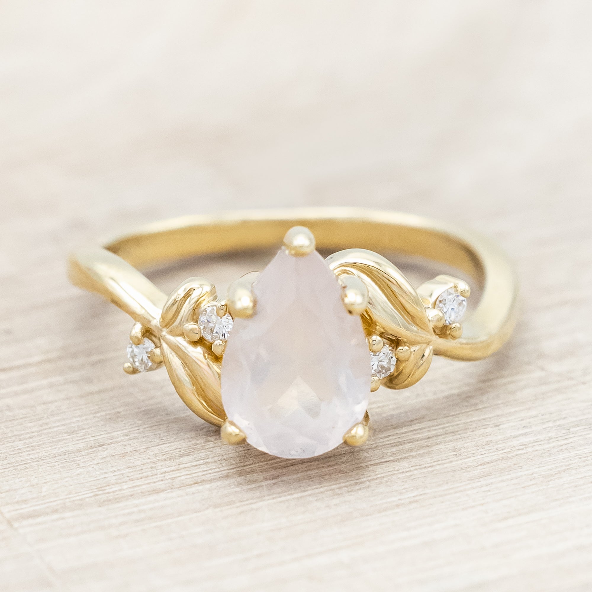 "GLADYS" - PEAR CUT ROSE QUARTZ ENGAGEMENT RING WITH DIAMOND ACCENTS - 14K YELLOW GOLD - SIZE 5 3/4-Staghead Designs