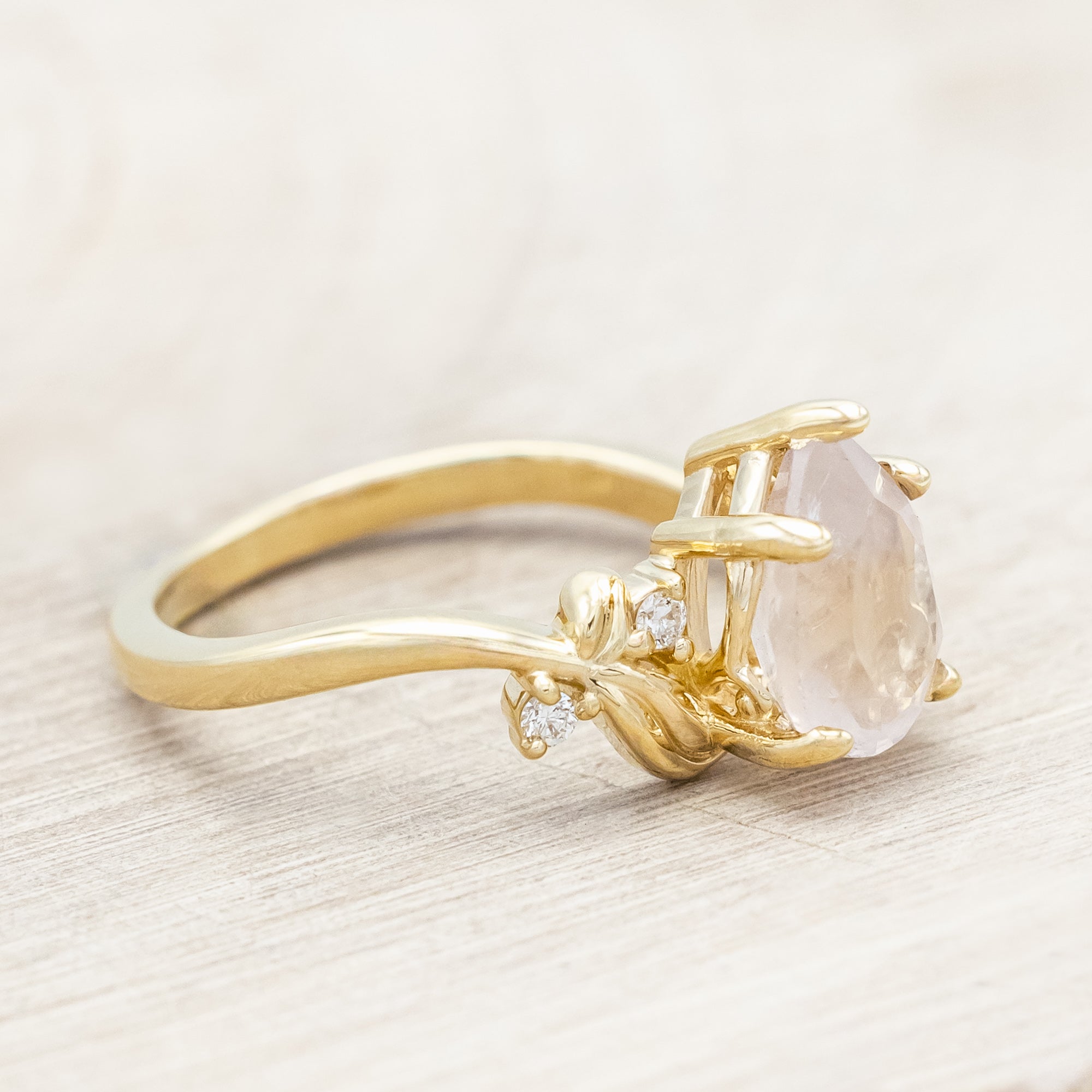 "GLADYS" - PEAR CUT ROSE QUARTZ ENGAGEMENT RING WITH DIAMOND ACCENTS - 14K YELLOW GOLD - SIZE 5 3/4-Staghead Designs