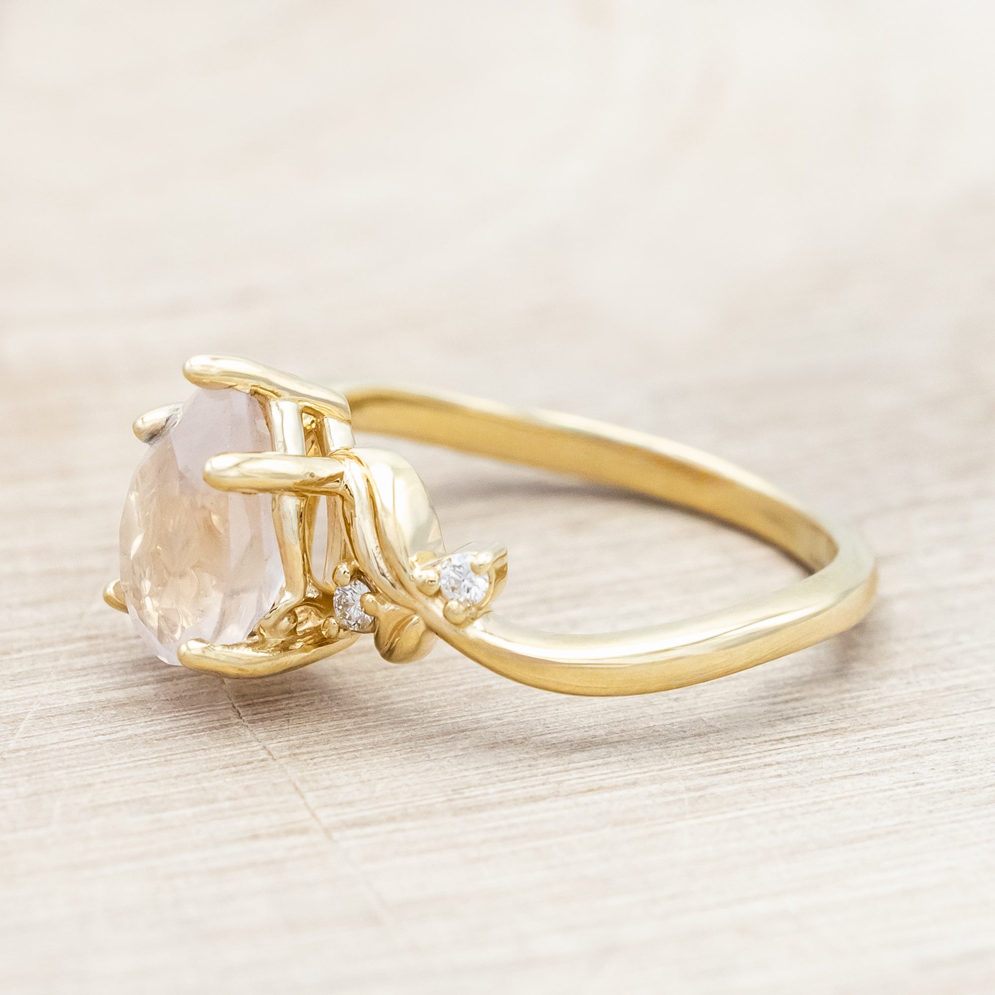 "GLADYS" - PEAR CUT ROSE QUARTZ ENGAGEMENT RING WITH DIAMOND ACCENTS - 14K YELLOW GOLD - SIZE 5 3/4-Staghead Designs