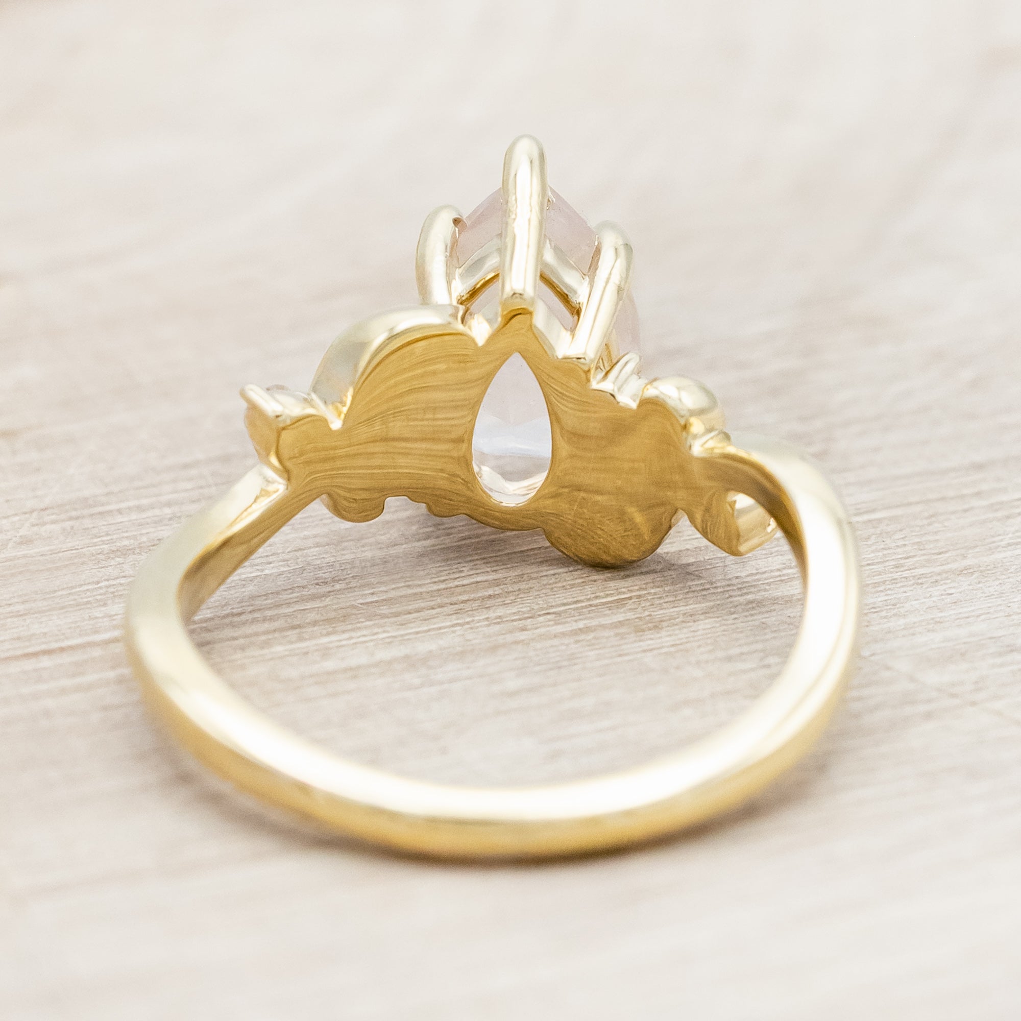 "GLADYS" - PEAR CUT ROSE QUARTZ ENGAGEMENT RING WITH DIAMOND ACCENTS - 14K YELLOW GOLD - SIZE 5 3/4-Staghead Designs