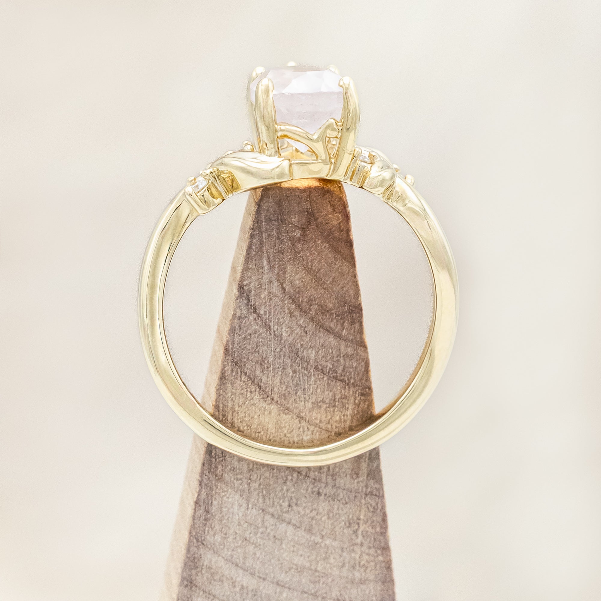"GLADYS" - PEAR CUT ROSE QUARTZ ENGAGEMENT RING WITH DIAMOND ACCENTS - 14K YELLOW GOLD - SIZE 5 3/4-Staghead Designs