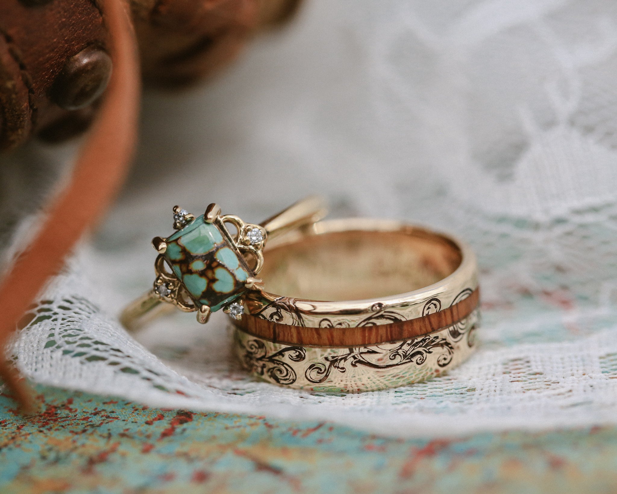 "ZELLA" - EMERALD CABOCHON CUT TURQUOISE ENGAGEMENT RING WITH DIAMOND ACCENTS-Staghead Designs