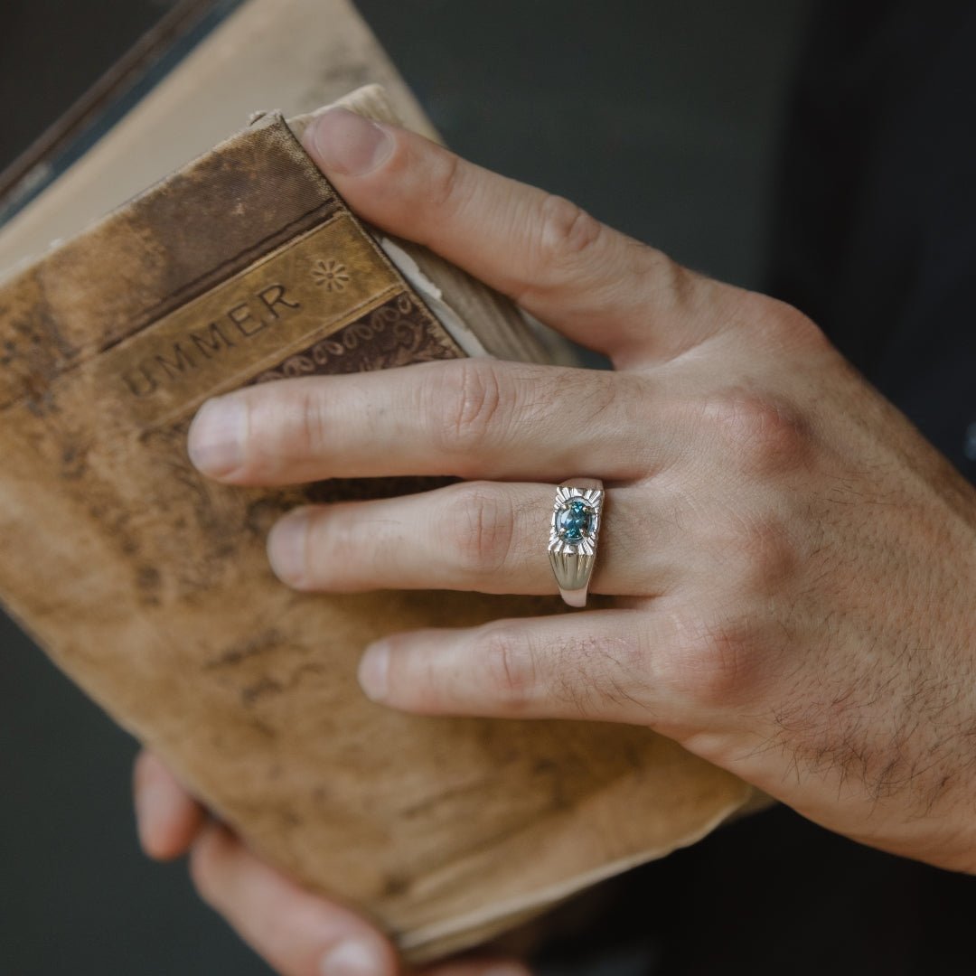 "Xavier" - Flat Top Men's Engagement Ring With Oval Cut Montana Sapphire-Staghead Designs