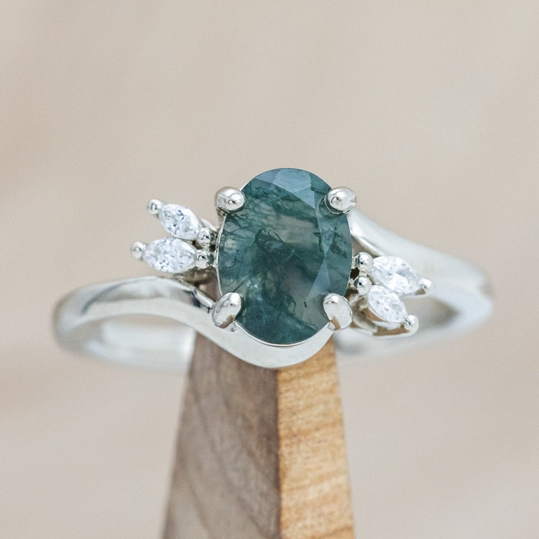 "YAVANNA" - OVAL CUT MOSS AGATE ENGAGEMENT RING WITH DIAMOND ACCENTS-Staghead Designs