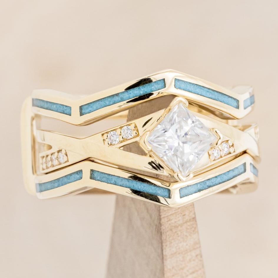 "LINA" - PRINCESS CUT MOISSANITE ENGAGEMENT RING WITH DIAMOND ACCENTS & TURQUOISE RING GUARD-36