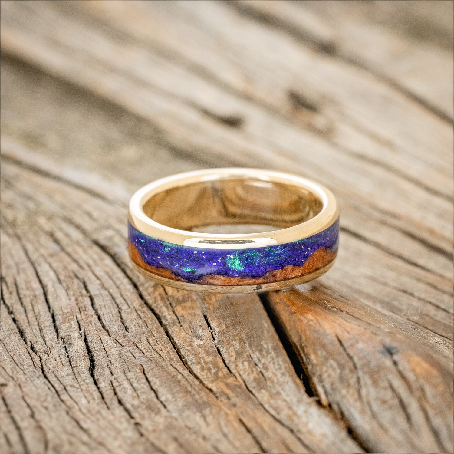 "BOREALIS" - MOUNTAIN ENGRAVED WEDDING RING WITH REDWOOD & GLOW IN THE DARK NORTHERN LIGHTS-6