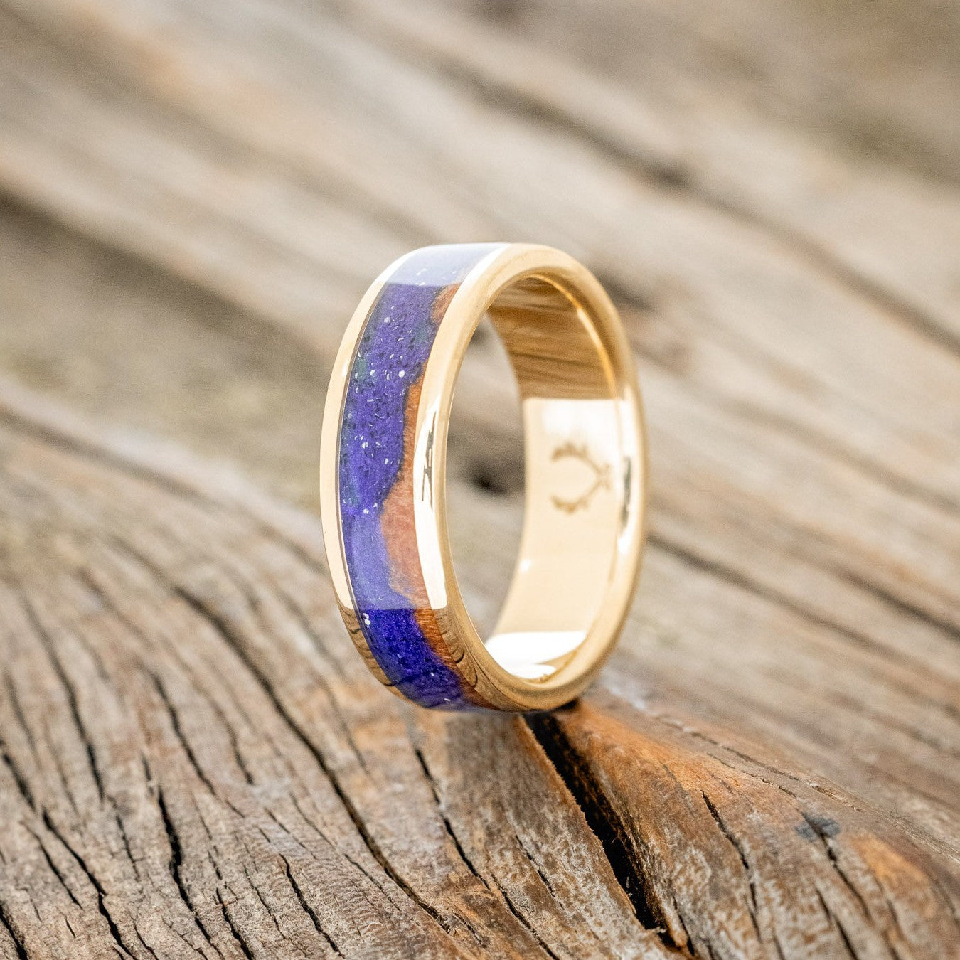 "BOREALIS" - MOUNTAIN ENGRAVED WEDDING RING WITH REDWOOD & GLOW IN THE DARK NORTHERN LIGHTS-2