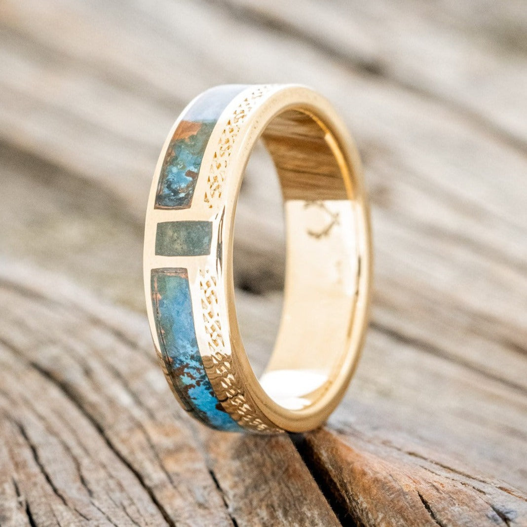 "BOWER" - PATINA COPPER & MOSS AGATE WEDDING BAND WITH CELTIC SAILOR'S KNOT ENGRAVINGS-1