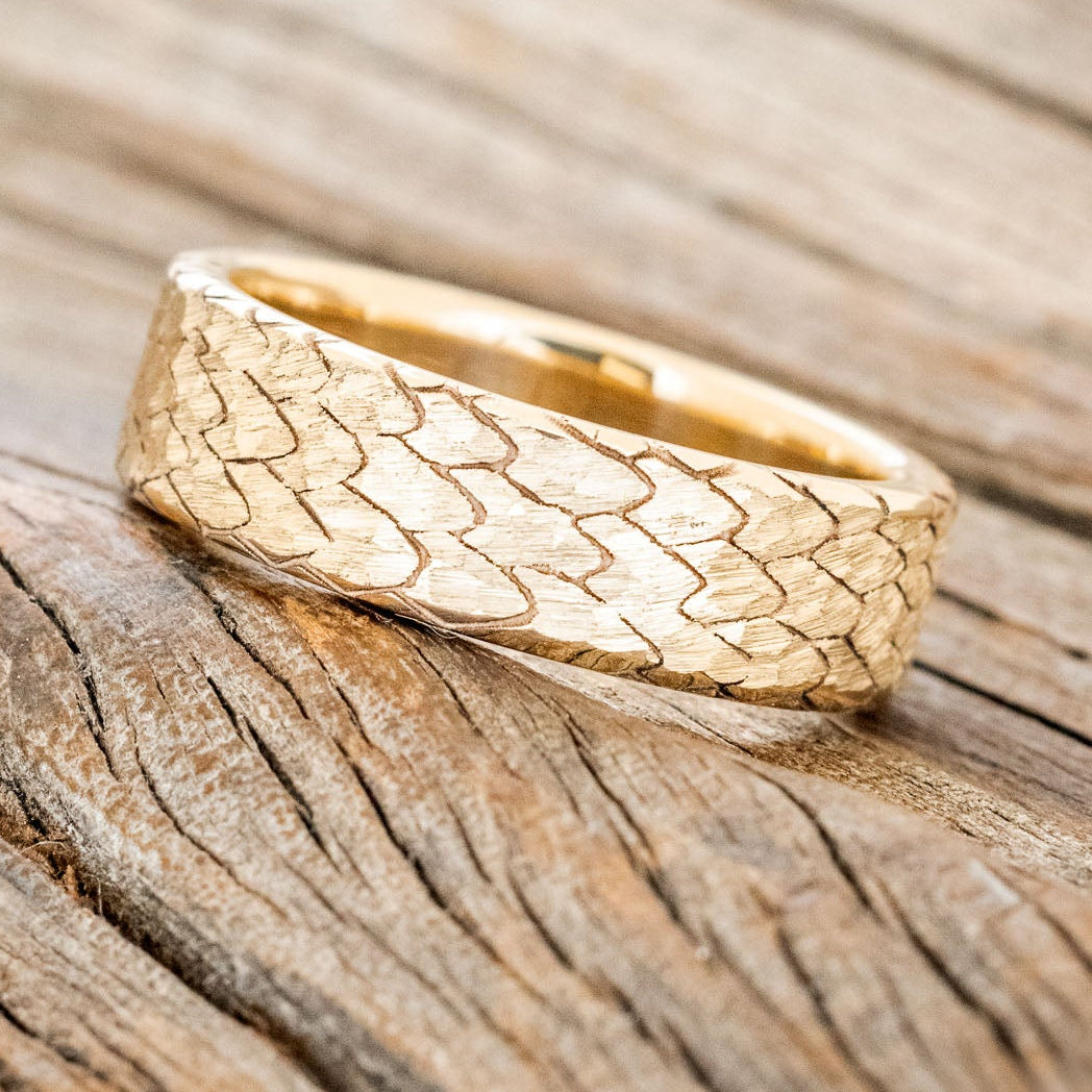 "Echo" - Hammered Custom Engraved Dragon Scale Wedding Ring-Staghead Designs