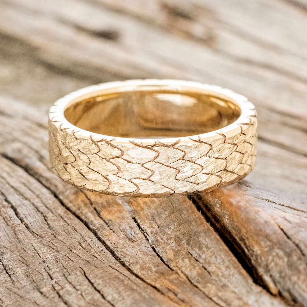 "Echo" - Hammered Custom Engraved Dragon Scale Wedding Ring-Staghead Designs