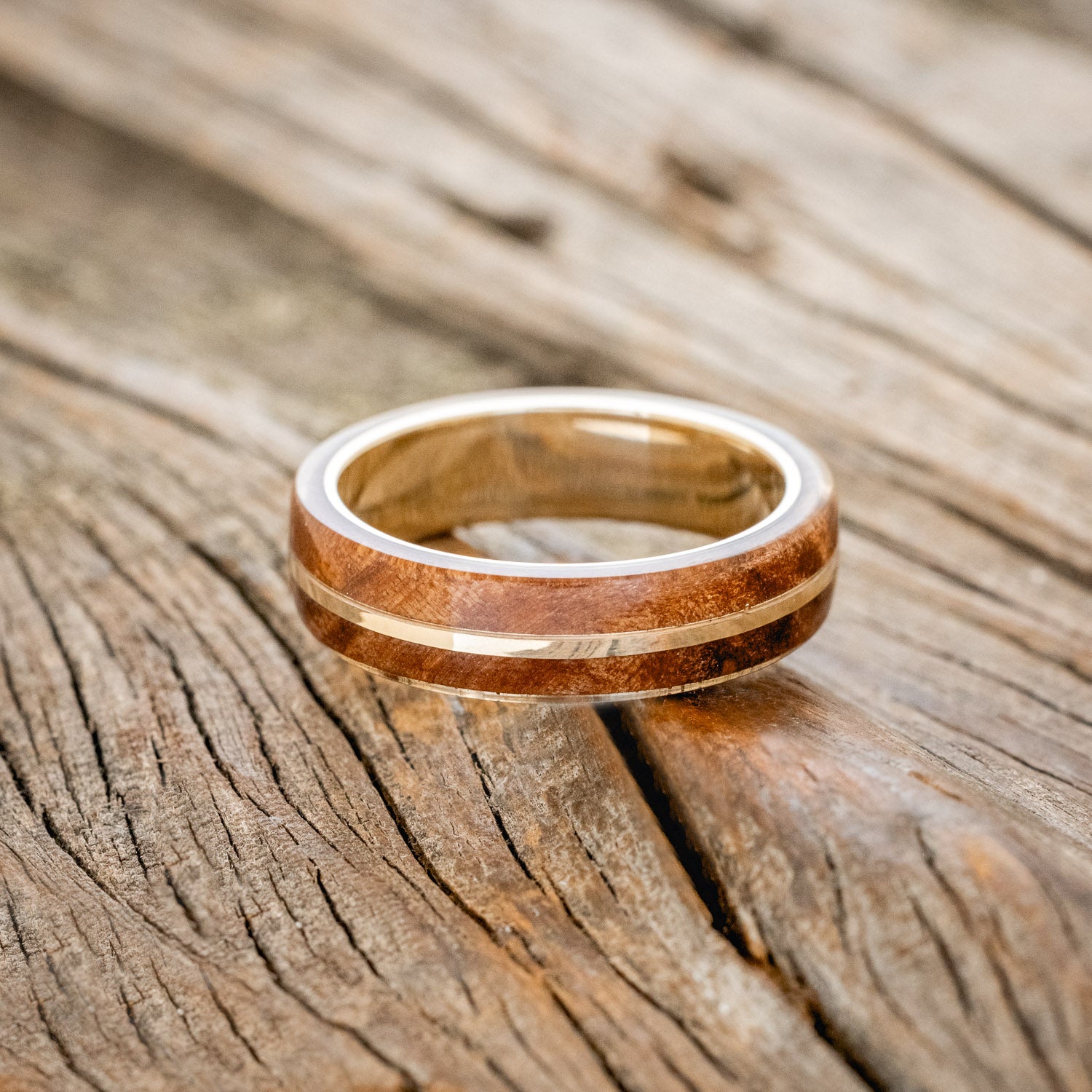 "GOLDEN" - REDWOOD & 14K GOLD INLAY WEDDING BAND-3