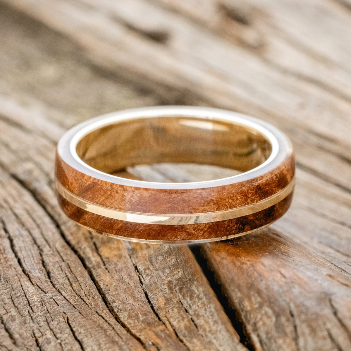 "GOLDEN" - REDWOOD & 14K GOLD INLAY WEDDING BAND-3