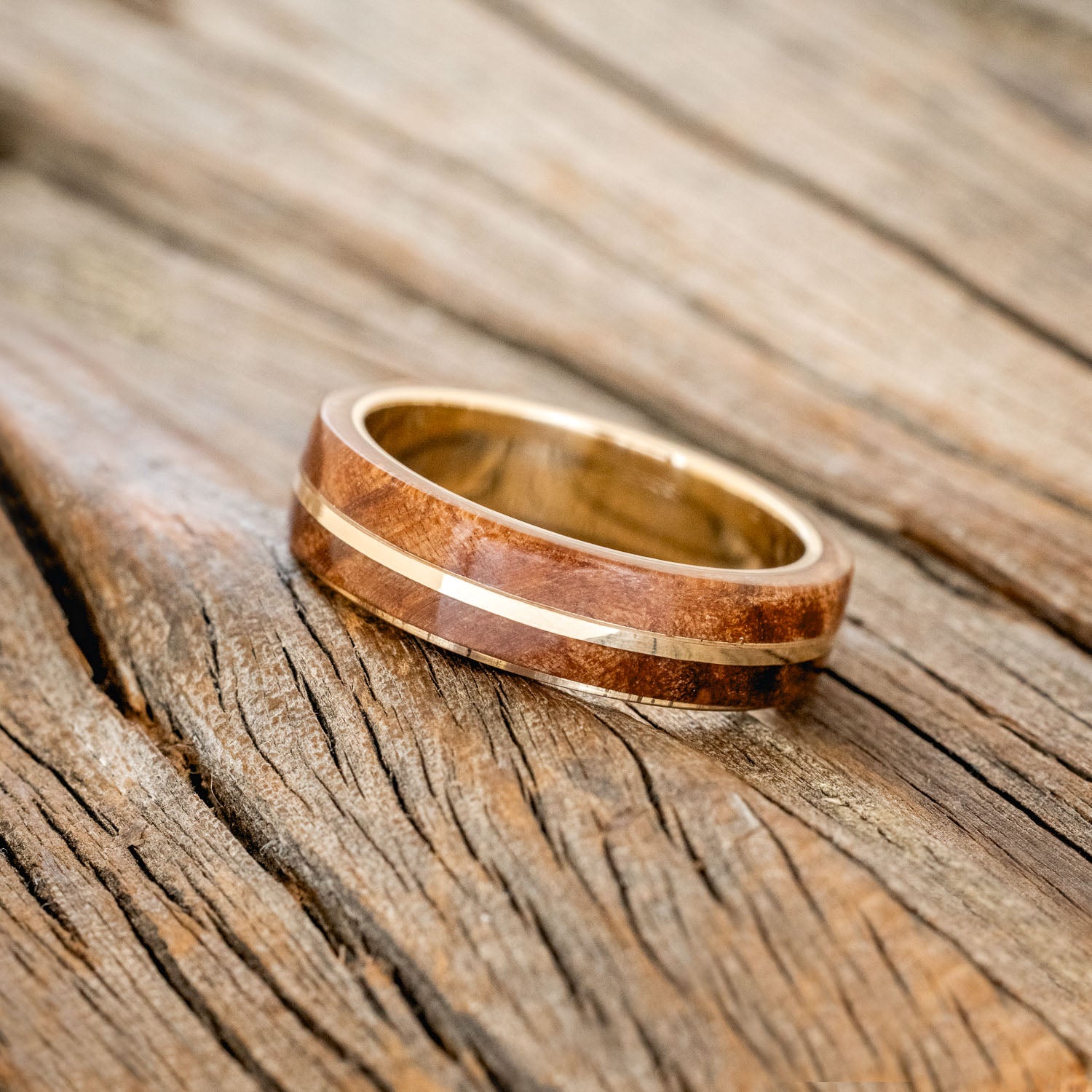 "GOLDEN" - REDWOOD & 14K GOLD INLAY WEDDING BAND-2